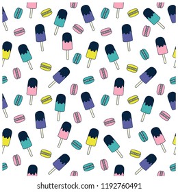 Macaron and ice cream seamless pattern.Macaron, ice cream drawing.Cute repeat pattern for kids.Vector illustration design for fashion fabrics, textile graphics, prints, wallpapers and other uses.