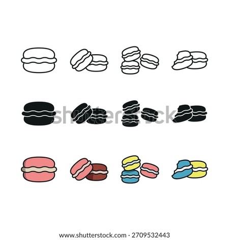 A macaron icon set in line glyph color style for dessert bakery and sweet snack themes.