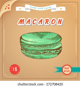 Macaron illustration. French macaron poster. Design for the decoration of the cafe or menu. Design element for decorated cafe. Banner with Pastry