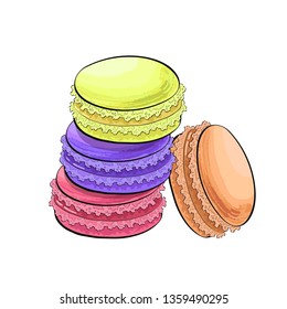 Macaron or macaroon biscuits cakes, sketch vector illustration isolated on white background. Realistic hand drawing 
