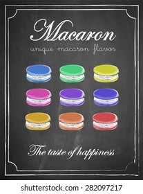 Macaron menu on chalkboard background, vector, illustration, freehand, the taste of happiness
