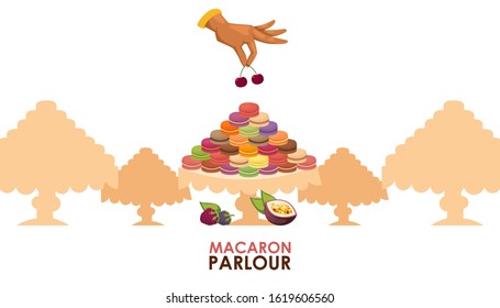 Macaron parlour vector illustration. Pastry shop advertisement poster, french macaron sweet confection, tasty dessert. Luxury presentation, confectionery showcase, selection of delicious cookies cafe