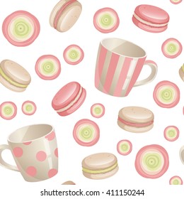 Macaron & Ranunculus tea set vector seamless pattern on white isolated background. Food design for your textile, menu or wedding card.
