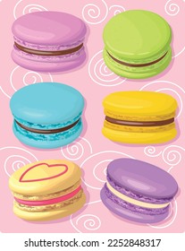 Macaron set isolated on pink background. French biscuit dessert. Delicious cafe pastry. 