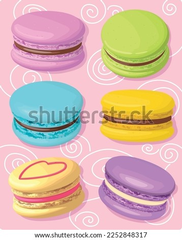 Macaron set isolated on pink background. French biscuit dessert. Delicious cafe pastry. 