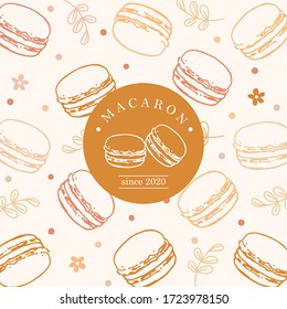 Macaron sketch hand drawing. Macaroon sweet bakery logo background vector illustration.