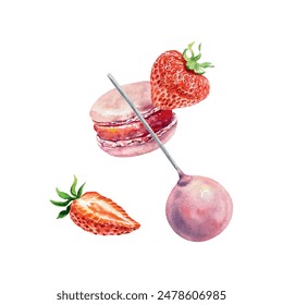 Macaron and strawberries, cake pops, watercolor. Vector. Greeting cards, invitations, menus for cafes, bakeries, confectioneries, posters, banners.