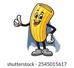 Macaroni with caped superhero style, Cartoon Mascot Illustration Character Vector Clip-art Hand-drawn Logo Design