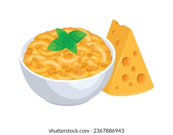 Macaroni and Cheese bowl vector illustration. Bowl of macaroni with cheese and basil leaf icon vector isolated on a white background. Mac and Cheese drawing