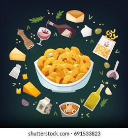 Macaroni and cheese dish with ingredients used to cook it floating around it. Simple family dinner. Vector illustration.