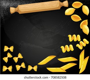 Macaroni and cheese dish with ingredients used to cook it floating around it. Simple family dinner. Vector illustration Web site page and mobile app design.