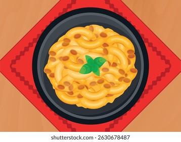 Macaroni and Cheese on a plate top view vector illustration. Plate of pasta on a wooden table above view vector. Macaroni pasta on the table drawing