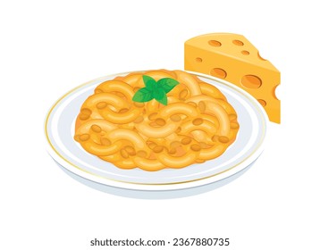 Macaroni and Cheese vector illustration. Plate of macaroni with cheese and basil leaf icon vector isolated on a white background. Pasta on a plate drawing