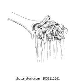 Macaroni and cheese. Vector illustration sketch in ink.  