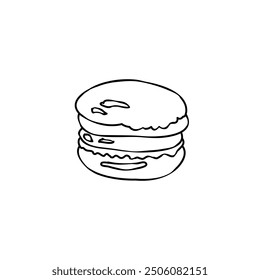 Macaroni cookie. doodle. Dessert of two layers with cream in the middle. Vector illustration. French confection , clip art. Outline on isolated background. Coloring book.