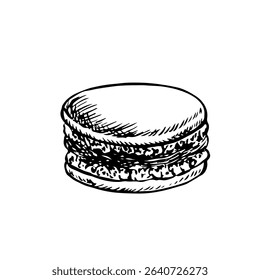 Biscoitos de macarrão. Gráficos vetoriais, ilustração desenhada à mão em preto e branco. Realce-o em um fundo branco. Produtos de confeitaria à base de amêndoas. Um elemento do seu design. Para banners, sites.