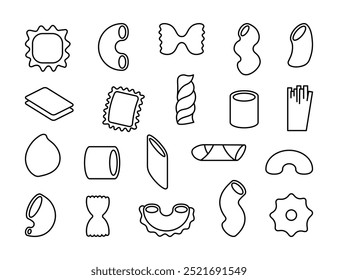Macarrão em diferentes formas. Página de cores. Produto de massa saboroso. Estilo desenhado à mão. Desenho vetorial. Coleção de elementos de design.