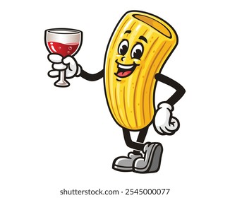 Macaroni with a glass of drink, Cartoon Mascot Illustration Character Vector Clip-art Hand-drawn Logo Design