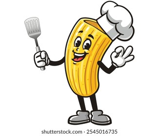 Macaroni holding a spatula and wearing a chef's hat, Cartoon Mascot Illustration Character Vector Clip-art Hand-drawn Logo Design