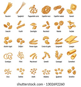 Macaroni icons set. Cartoon set of macaroni vector icons for web design