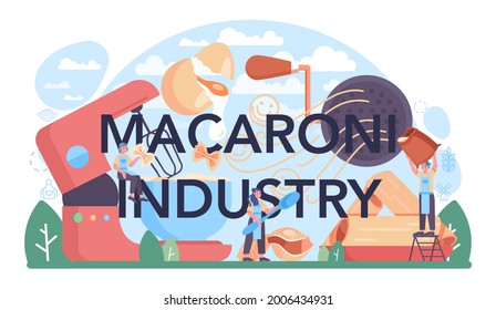 Macaroni industry typographic header. Italian traditional food, spaghetti or pasta production. Semi-processed noodles manufacturing process. Flat vector illustration in cartoon style
