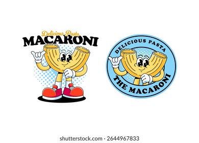 macaroni mascote personagem desenha em estilo retrô de desenhos animados, incluindo um personagem de massa de corpo inteiro e um emblema emblema. Ideal para marca de alimentos e merchandise. ilustração vetorial