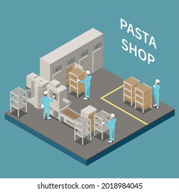 Macaroni pasta production isometric colored concept with pasta conveyor belt and several ovens vector illustration