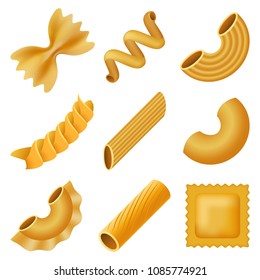 Macaroni pasta spaghetti mockup set. Realistic illustration of 9 macaroni pasta spaghetti mockups for web