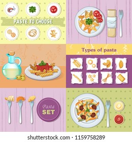 Macaroni pasta spaghetti noodles dinner banner concept set. Cartoon illustration of 6 macaroni pasta spaghetti noodles dinner vector banner concepts for web
