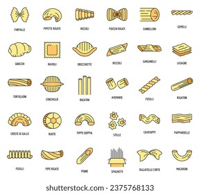 Macaroni pasta spaghetti noodles iconos set. Ilustración de esquema de 30 macaroni pasta spaghetti noodles vectores iconos de línea delgada plano sobre blanco