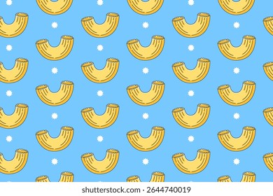 Macaroni pasta with star colorful doodle pattern on blue background. Italian macaroni pasta seamless pattern background. Macaroni isolated wallpaper. Food, restaurant, foodstuff. Vector illustration