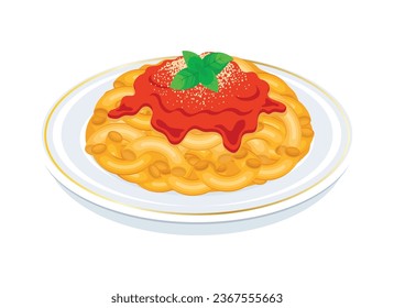 Macaroni Nudeln mit Tomatensauce, Vektorgrafik. Schale Makkaroni mit Tomatensauce, Käse und Basilikum-Blattsymbol, Vektorgrafik einzeln auf weißem Hintergrund. Teigwaren auf Tellerzeichnung