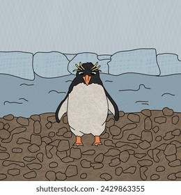 Macaroni penguin. Vector cartoon hand drawn illustration of the crested animal in Antarctica. Polar childish bird with textures near icebergs and blue ocean on the brown beach.