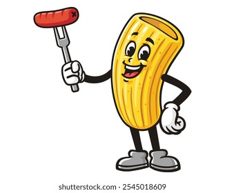 Macaroni with sausage, Cartoon Mascot Illustration Character Vector Clip-art Hand-drawn Logo Design