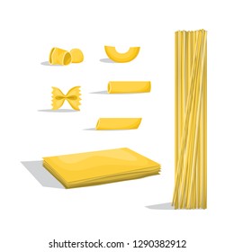 Macaroni set. Different types of pasta. Italian food of yellow color. Ingredient for cooking. Tasty spaghetti. Isolated vector illustration in cartoon style