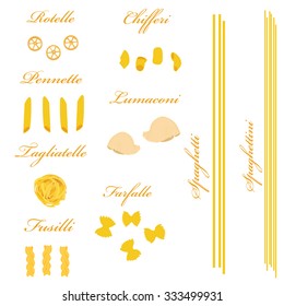 Macaroni set vector, pasta collection, macaroni icon, pasta types names