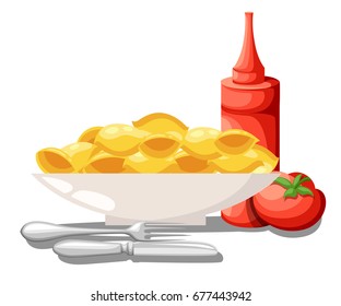 Macaroni set vector pasta collection italian food Tomato sauce, ketchup in jar with vegetable. Vector illustration for restaurant menu. Web site page and mobile app design vector element