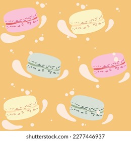 Macarons, 3 pastel colors, arranged in a pattern and with milk foam added to make the picture look more interesting. Various elements can be used to create other items.