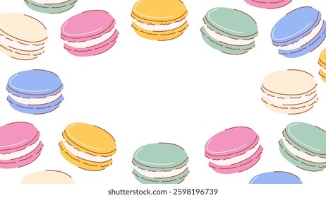 Macarons background with space for text in the middle. Hand drawn colorful vector flat illustration, macaroons frame or pattern with different flavors. Isolated backdrop. For poster, banner, design
