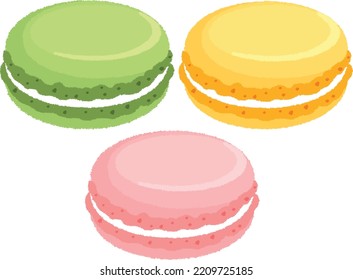 Macarons are baked goods made with egg whites, sugar and almonds. The shape is a stack of two discs with a diameter of several centimeters. Western confectionery representing France