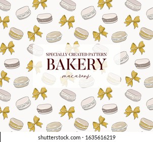 Macarons bakery pattern on white background. Colorful yellow french biscuit desserts with bow tender texture design for packaging, branding, posters, banners, advertising 