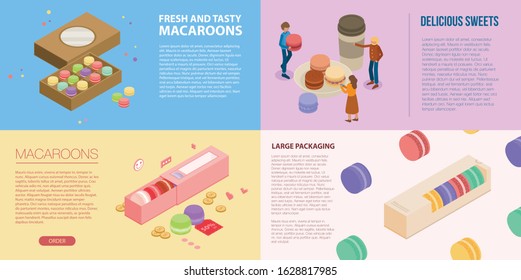 Macarons banner set. Isometric set of macarons vector banner for web design