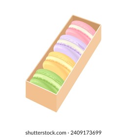 Macarons in box. Vector cartoon illustration of colorful macaroons. Sweet dessert.