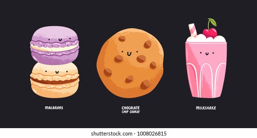 Macarons, chocolate chip cookie and milkshake isolated vector illustrations