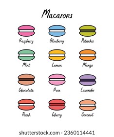 Macarons Cookies Flat Line Vector Colorful Food Icon Set. Sweet French Dessert Symbols in Different Tastes. Vector Design Illustration for Restaurant, Cafe Menu, Flyer, Banner, Sticker, Pattern, Web.