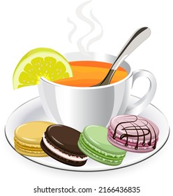 Macarons and a cup of tea.Colored vector illustration with macaroons, a cup of tea and lemon on a transparent background.