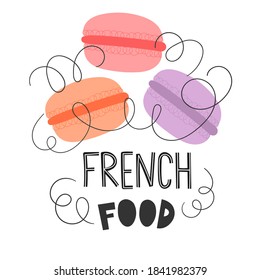 Macarones. Ilustración vectorial plana con comida tradicional francesa. Postal con cocina francesa. Punto de referencia de París. Conjunto de partes.