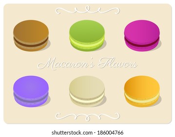 macaron's flavors card, different variety of pastel color macarons isolated