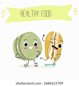  Macarons funny characters, hand drawn vector illustration.