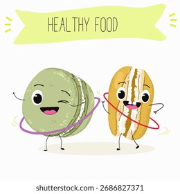  Macarons personajes divertidos, Ilustración vectorial dibujada a mano.